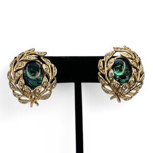 Vintage BUTLER Rhinestone Wreath with Abalone Gold Tone Oval Clip On Earrings